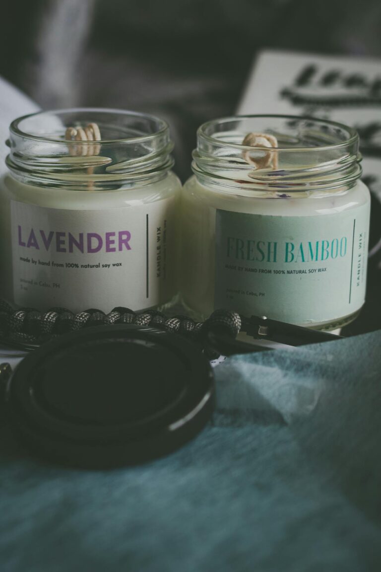 Capture the soothing essence of lavender and fresh bamboo scented candles in glass jars.