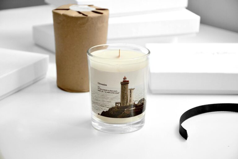 Stylish handmade soy candle with a lighthouse design, perfect for home decor and gifting.